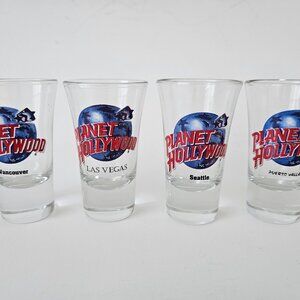 Planet Hollywood Shot Glasses 3.5" Tall - Vancouver, Las Vegas, Seattle, Puerto